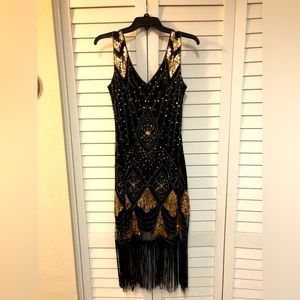 Unique Vintage Gold and Black Flapper dress with fringe